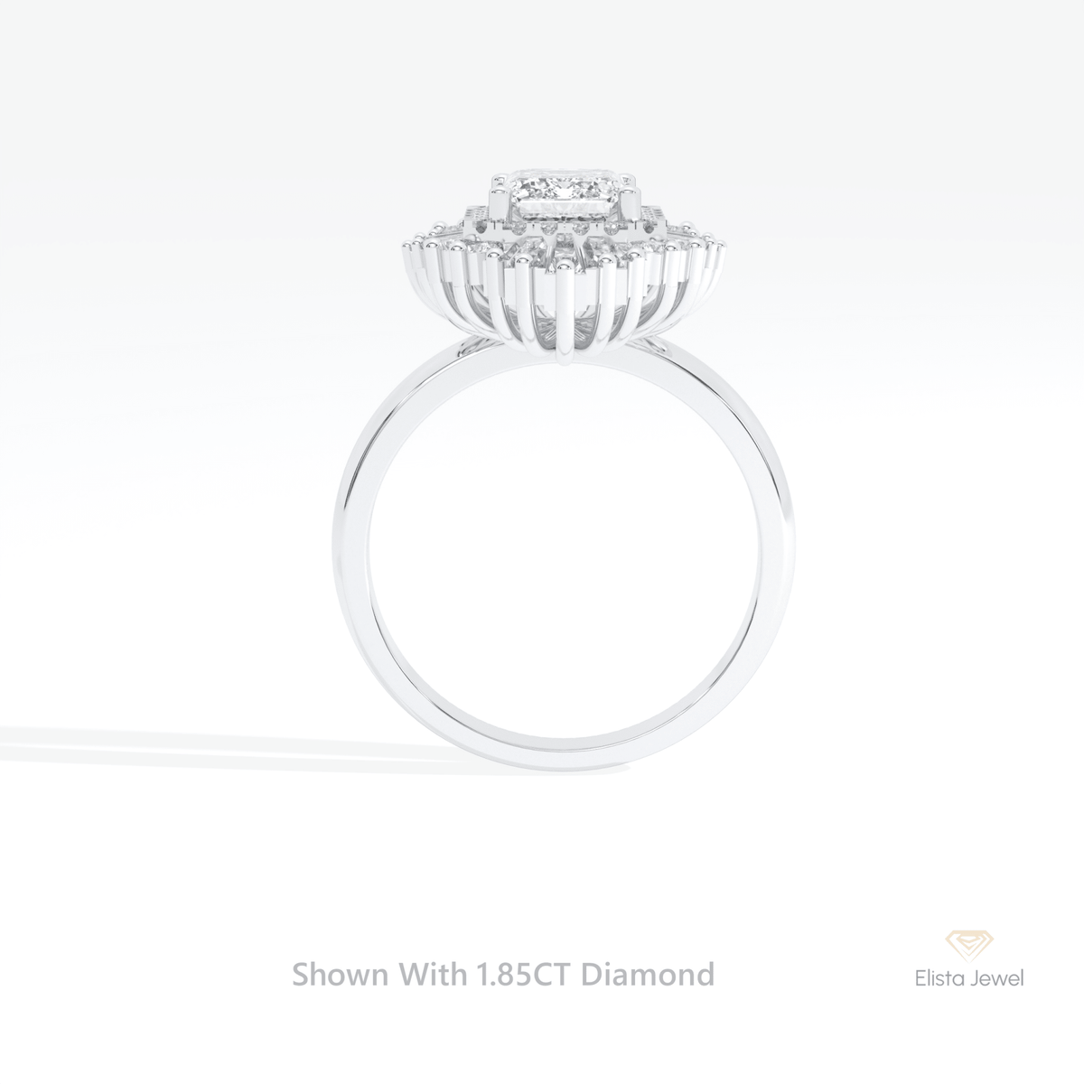 Emerald Cut Double Halo Starburst Lab Grown Diamond Ring in 18K White Gold - Close-up View