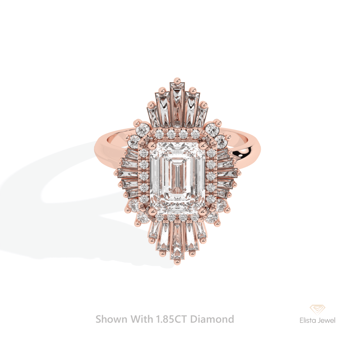 Emerald Cut Double Halo Starburst Lab Grown Diamond Ring in 10K White Gold - Front View
