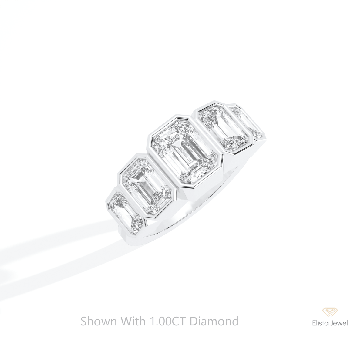 Emerald Cut Five Stone Wedding Lab Grown Diamond Ring in 10K Rose Gold - Angled View