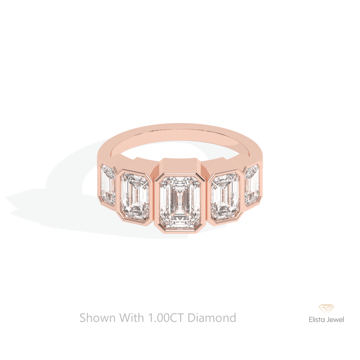 Emerald Cut Five Stone Wedding Lab Grown Diamond Ring in 18K Rose Gold - Ring on Hand View