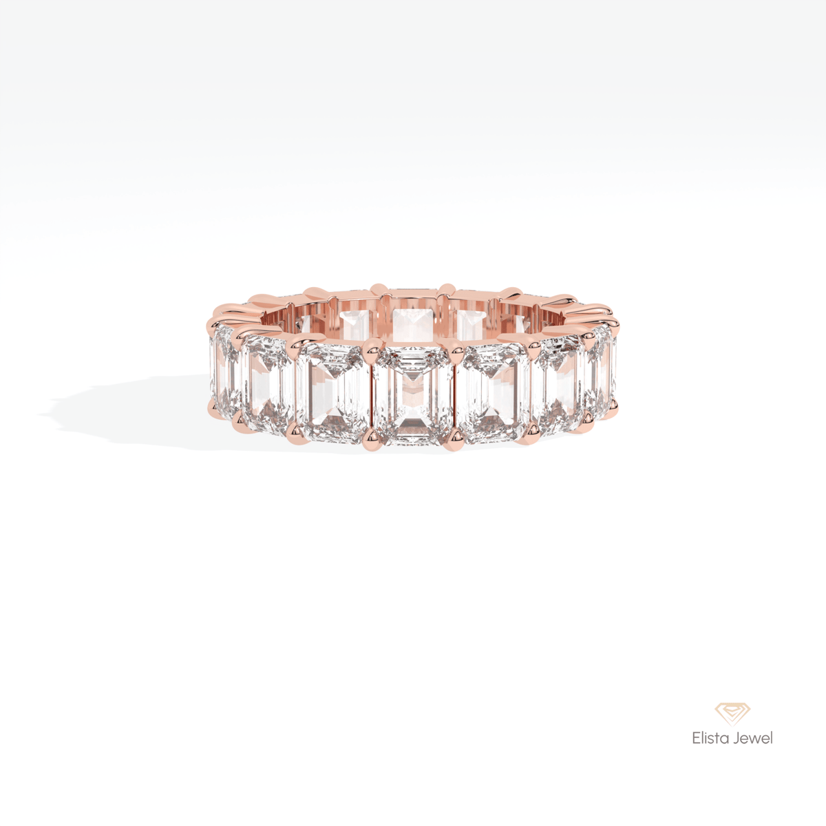 Emerald Cut Full Eternity Wedding Lab Grown Diamond Band in 18K Rose Gold - Ring on Hand View