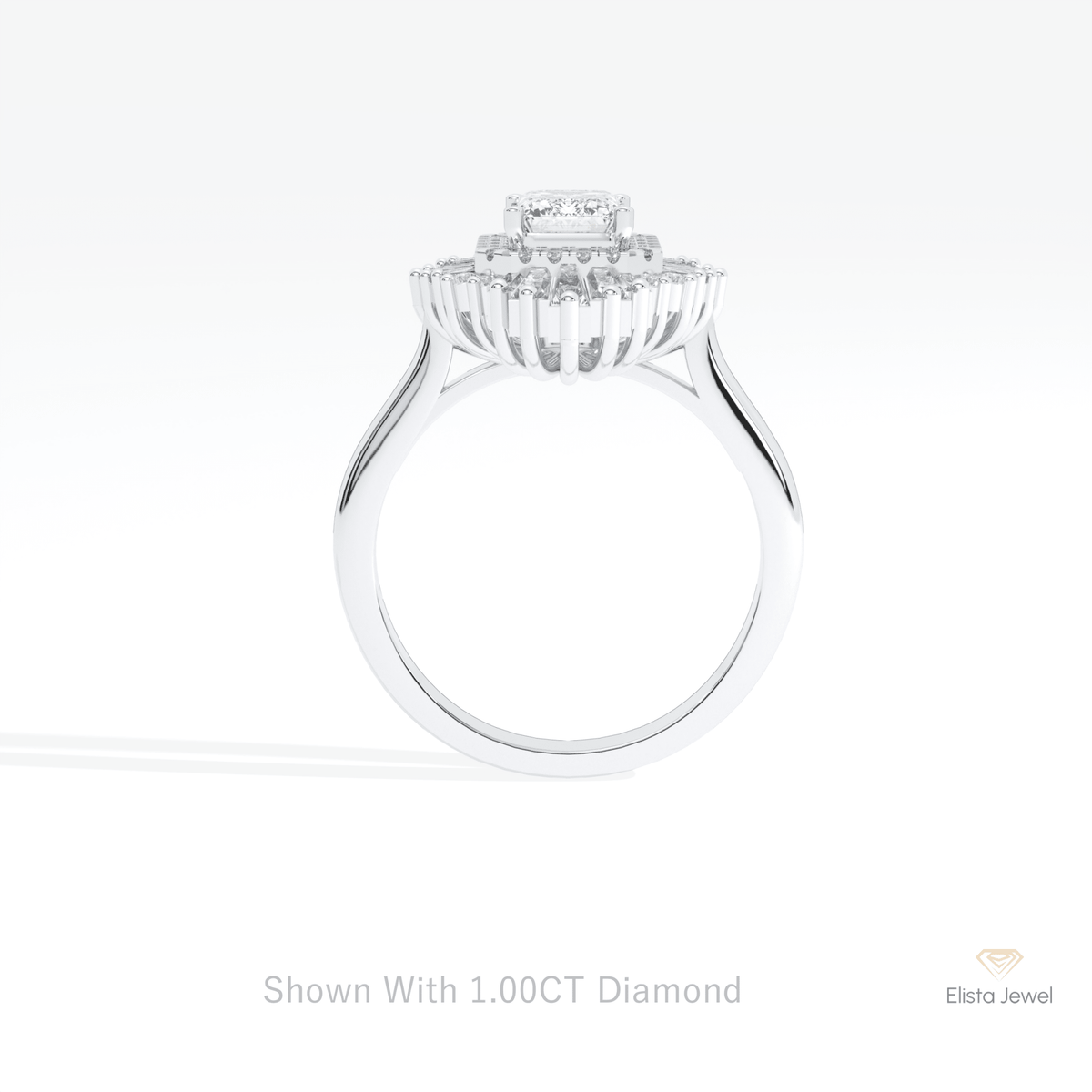 Emerald Cut Halo Art Deco Lab Grown Diamond Ring in 18K White Gold - Close-up View