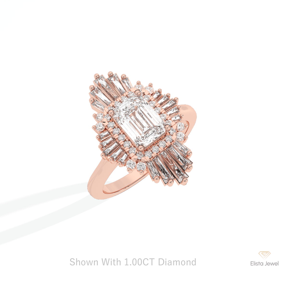 Emerald Cut Halo Art Deco Lab Grown Diamond Ring in 10K Yellow Gold - Side View