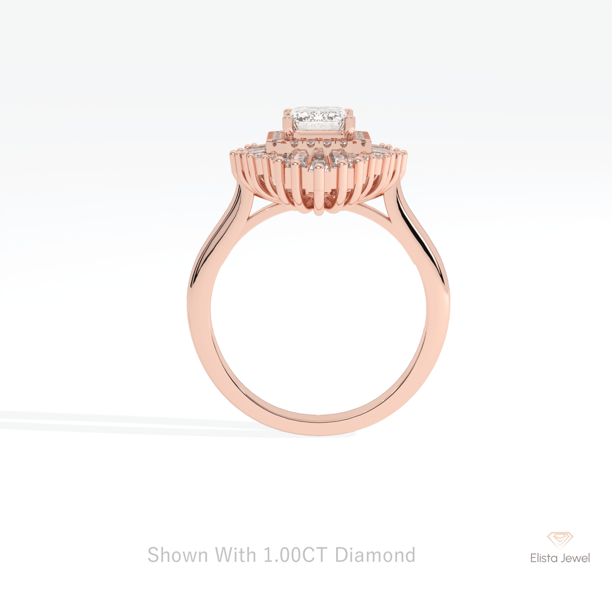 Emerald Cut Halo Art Deco Lab Grown Diamond Ring in 10K Rose Gold - Angled View
