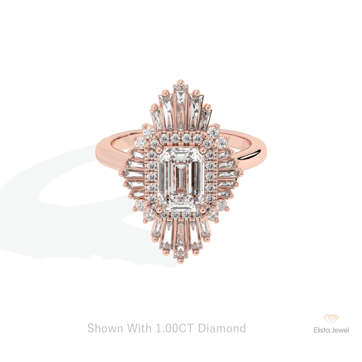 Emerald Cut Halo Art Deco Lab Grown Diamond Ring in 10K White Gold - Front View