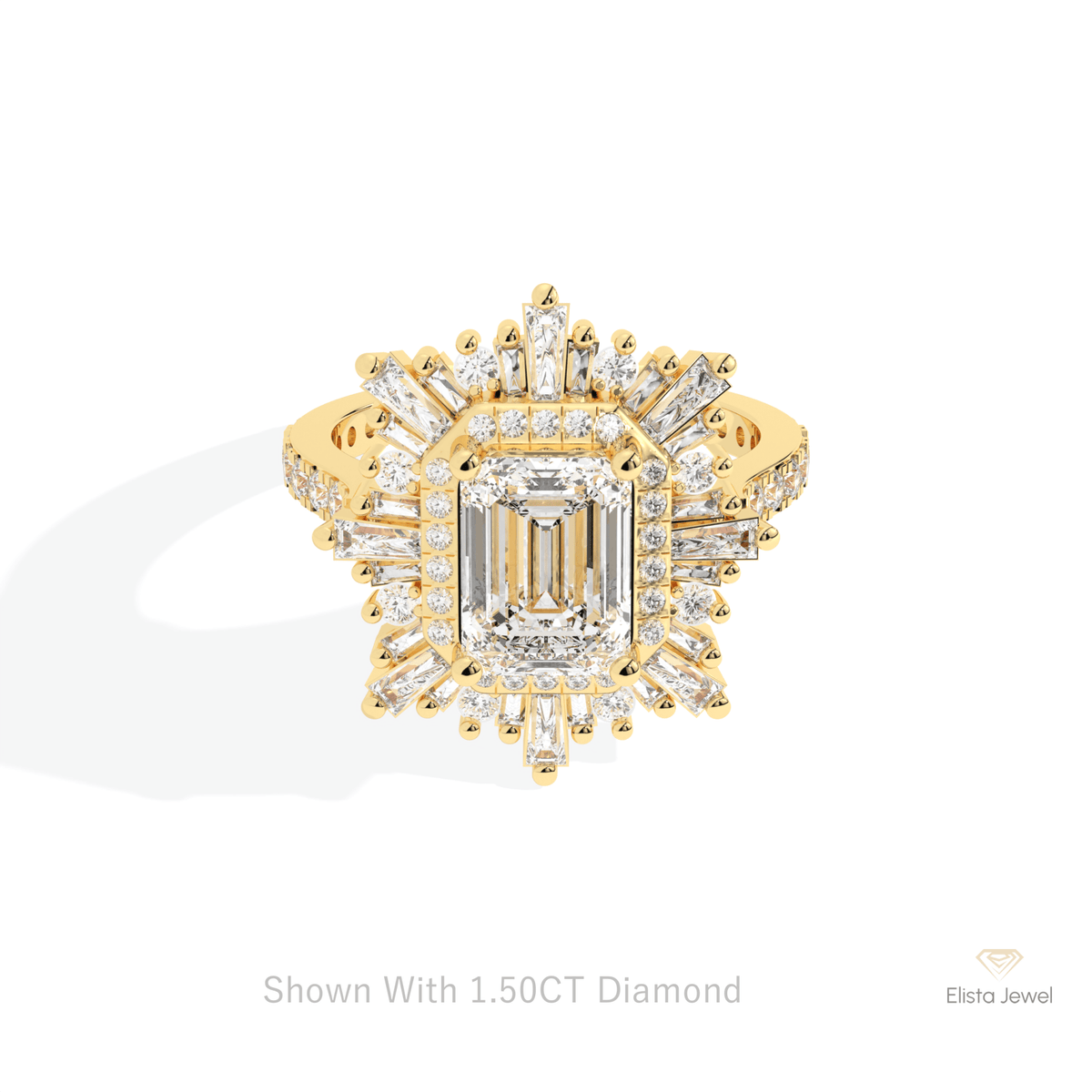 Emerald Cut Halo Starburst Lab Grown Diamond Ring in 14K Yellow Gold - Detail View