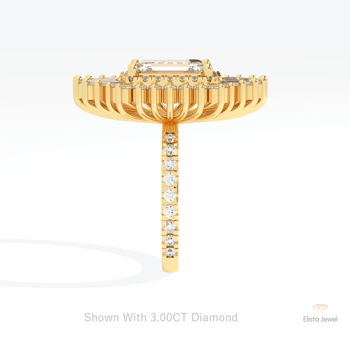 Emerald Cut Halo Starburst Lab Grown Diamond Ring in 18K Yellow Gold - Perspective View