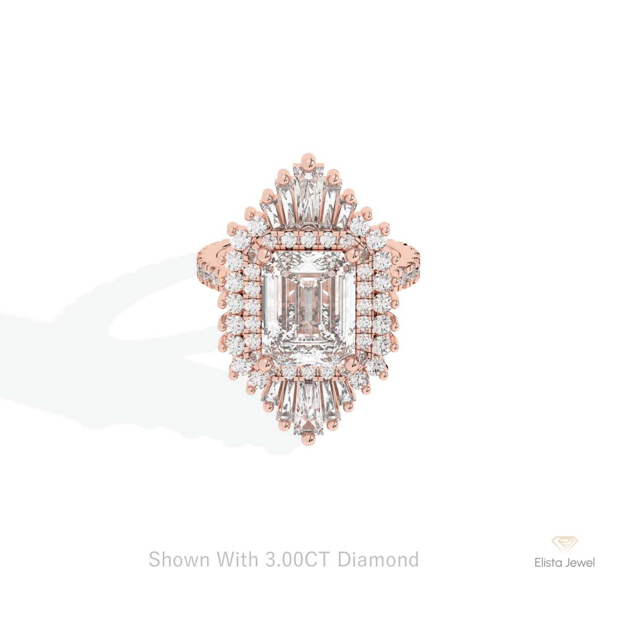 Emerald Cut Halo Starburst Lab Grown Diamond Ring in 18K Rose Gold - Ring on Hand View