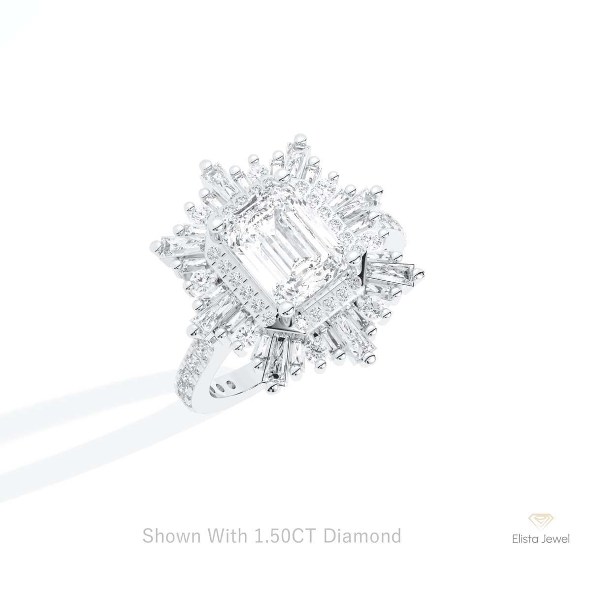 Emerald Cut Halo Starburst Lab Grown Diamond Ring in 10K Yellow Gold - Side View