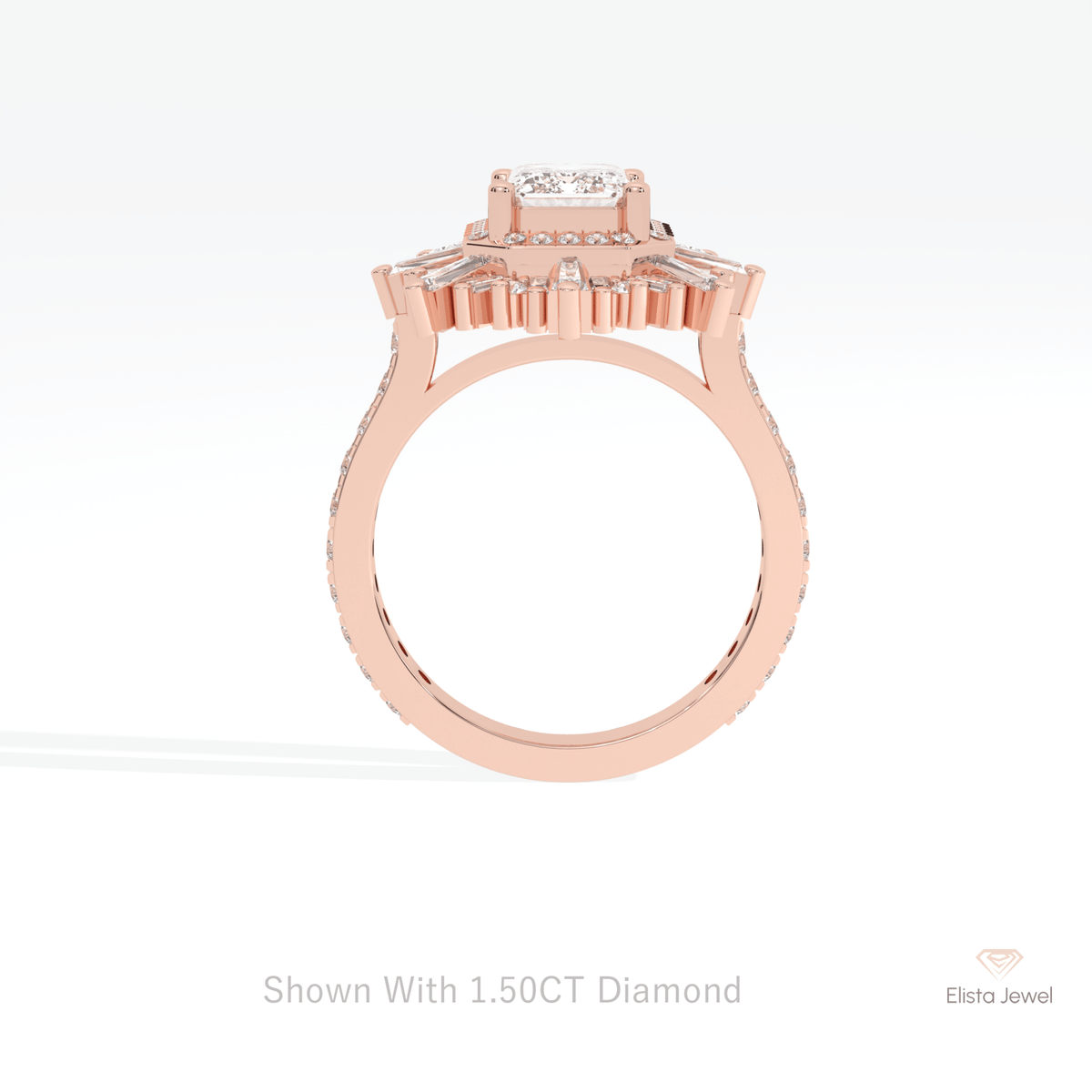 Emerald Cut Halo Starburst Lab Grown Diamond Ring - Alternative View