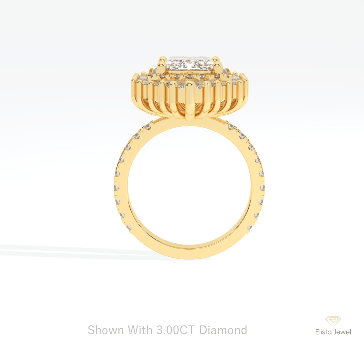 Emerald Cut Halo Starburst Lab Grown Diamond Ring in 18K White Gold - Close-up View