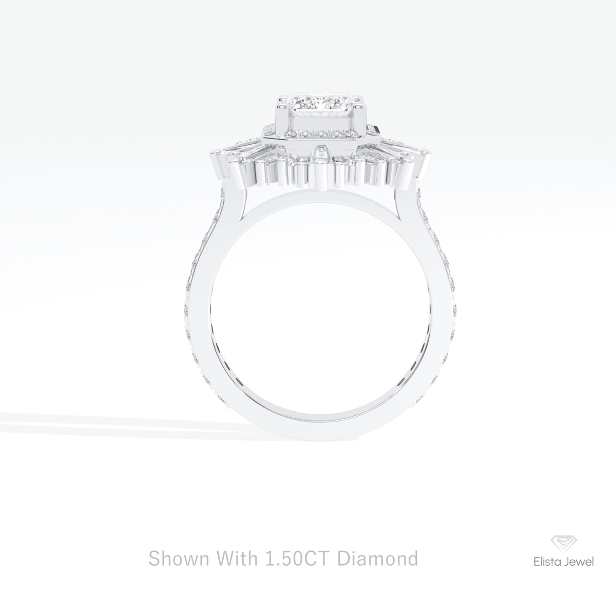 Emerald Cut Halo Starburst Lab Grown Diamond Ring in 10K Rose Gold - Angled View