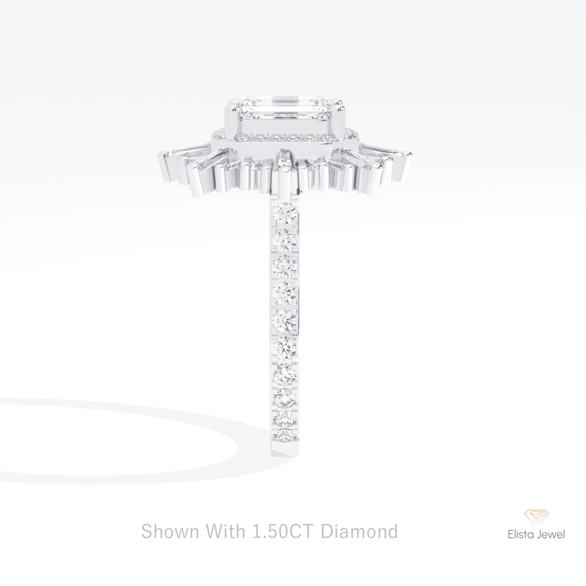 Emerald Cut Halo Starburst Lab Grown Diamond Ring in 14K White Gold - Top View