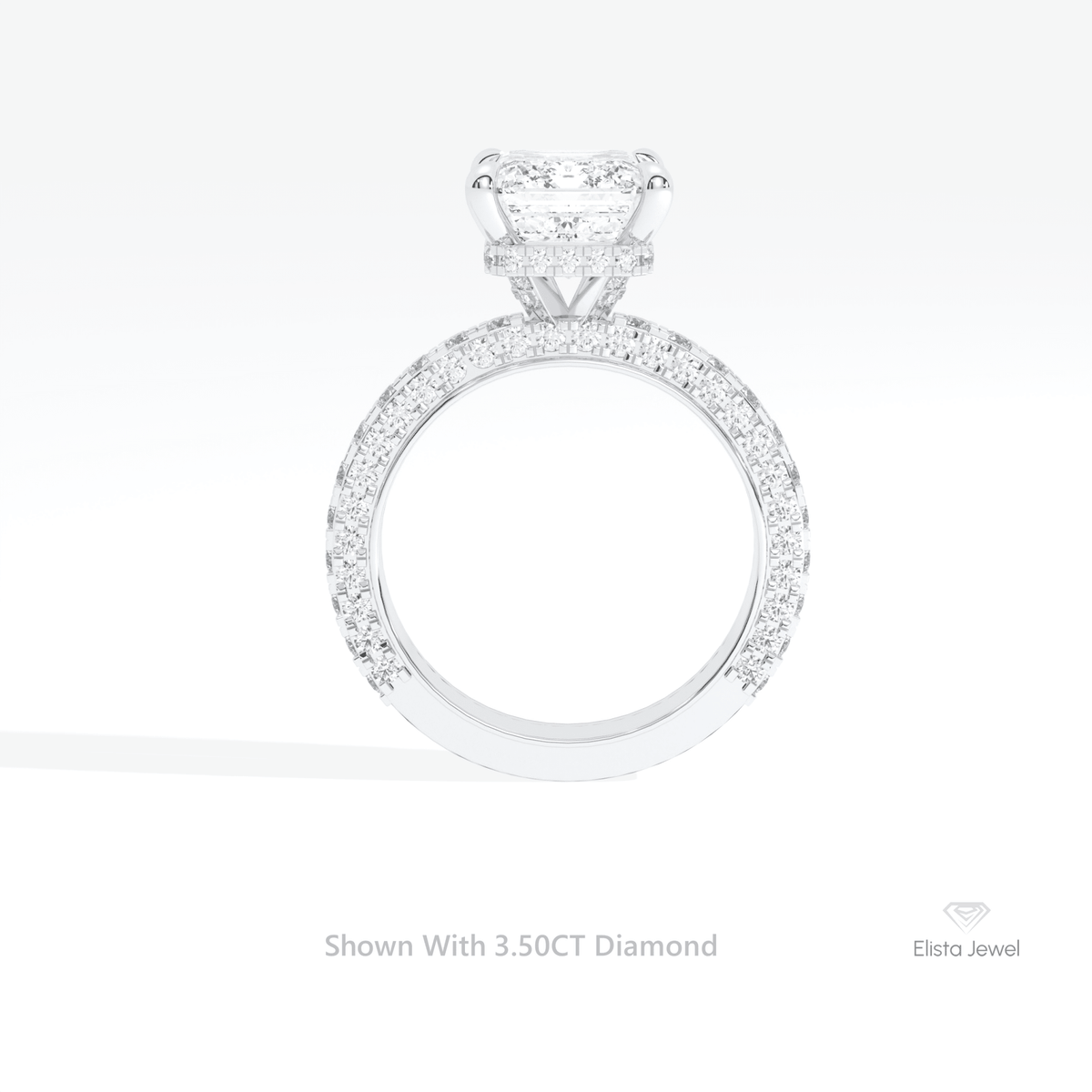 Emerald Cut Hidden Halo Engagement Lab Grown Diamond Ring in 18K White Gold - Close-up View