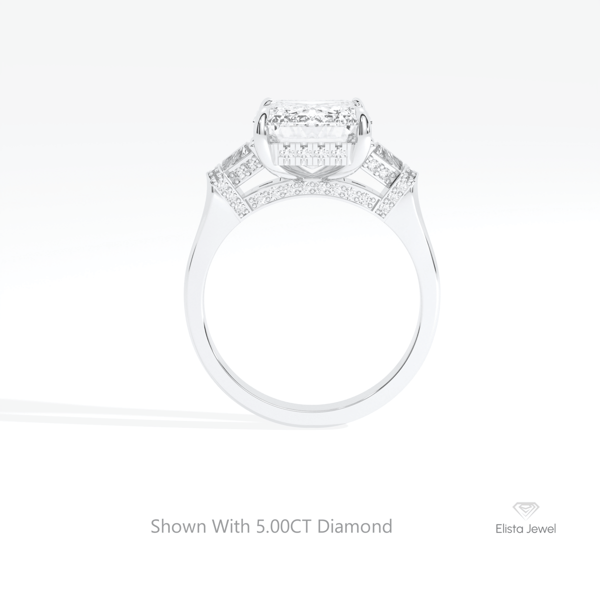 Emerald Cut Hidden Halo Three Stone Lab Grown Diamond Ring in 18K White Gold - Close-up View