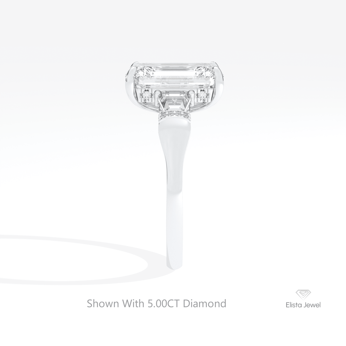 Emerald Cut Hidden Halo Three Stone Lab Grown Diamond Ring in 18K Yellow Gold - Perspective View