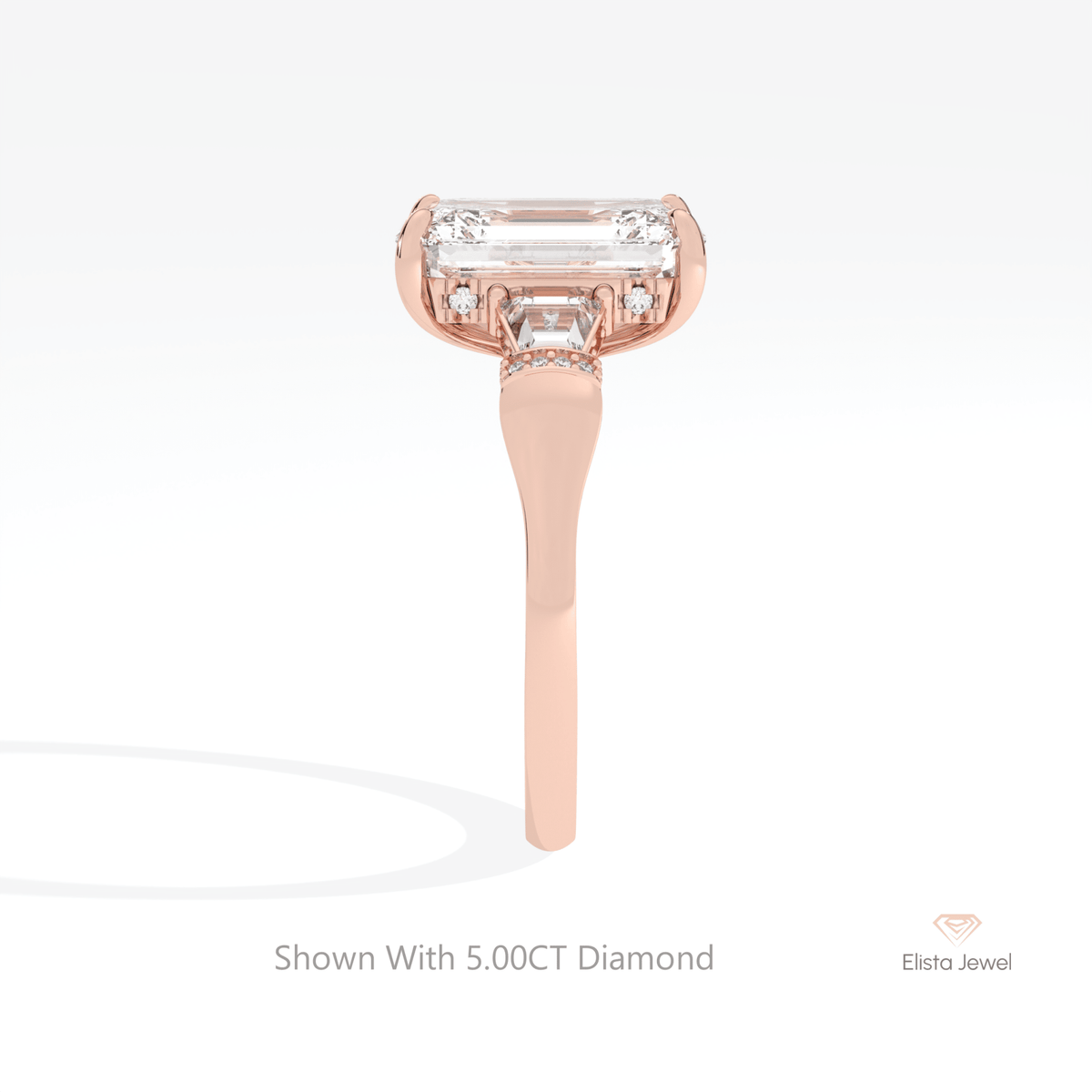 Emerald Cut Hidden Halo Three Stone Lab Grown Diamond Ring in 14K White Gold - Top View