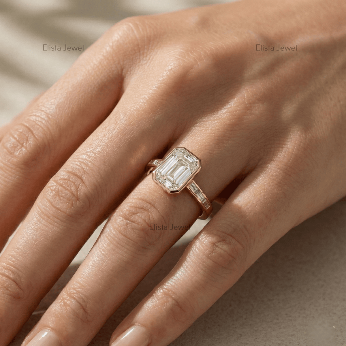 Unique Full Bezel Set Emerald Cut Lab Grown Diamond Euro Shank 14K Solid Gold Wedding Engagement Ring For Women On Hands View