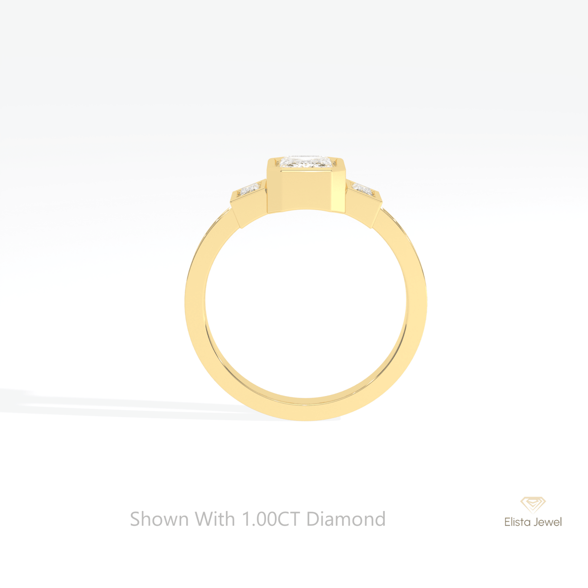 Emerald Cut Three Stone Engagement Lab Grown Diamond Ring in 10K Rose Gold - Angled View