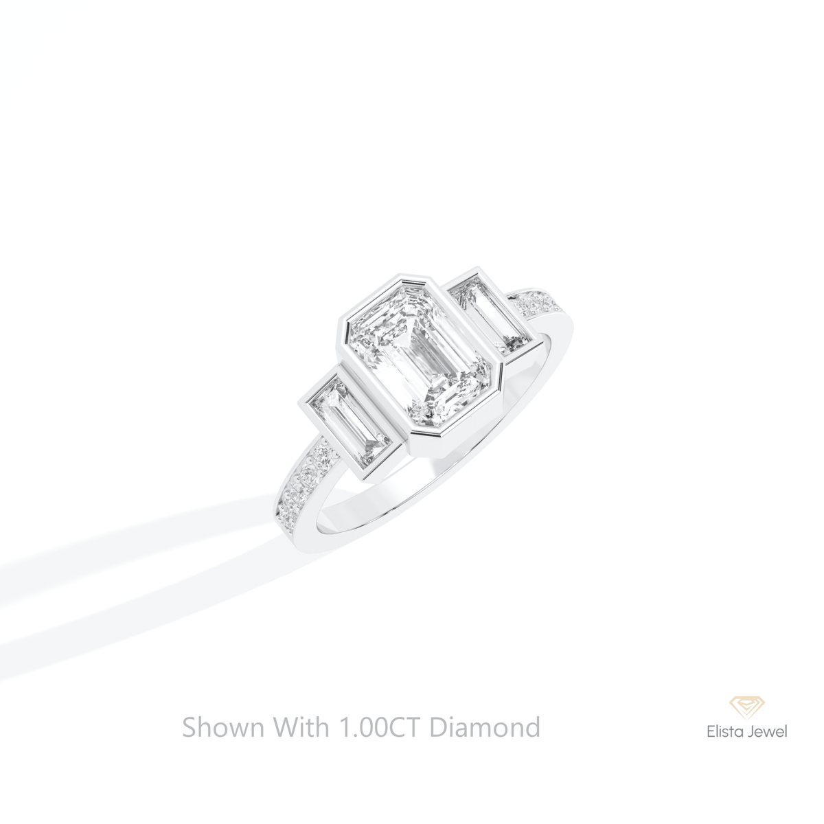 Emerald Cut Three Stone Engagement Lab Grown Diamond Ring in 14K Rose Gold - Profile View