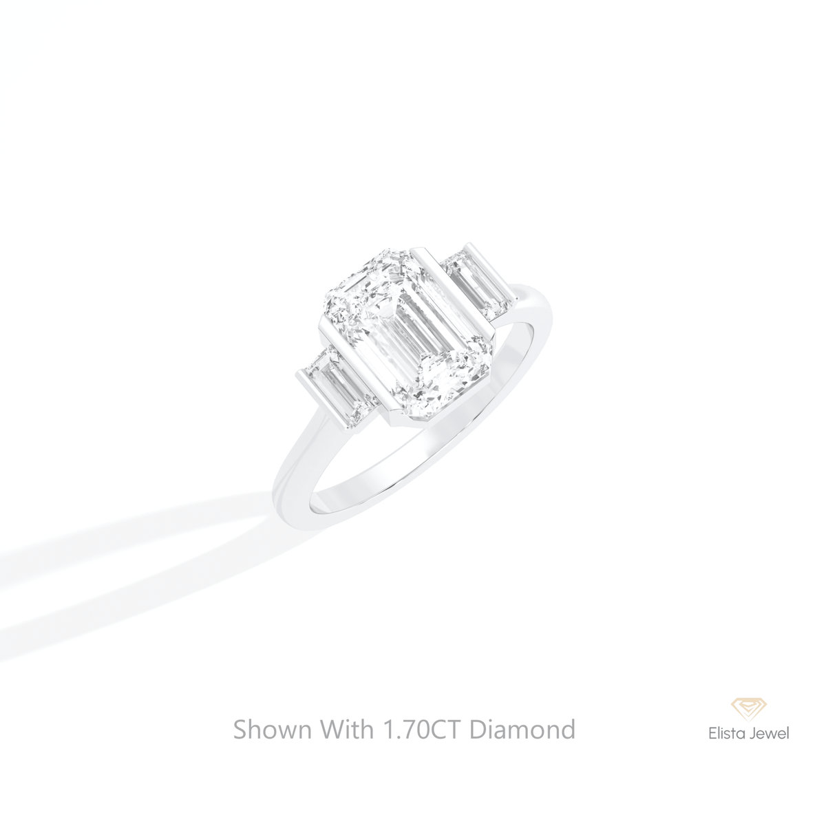 Emerald Cut Three Stone Engagement Lab Grown Diamond Ring in 10K Yellow Gold - Side View