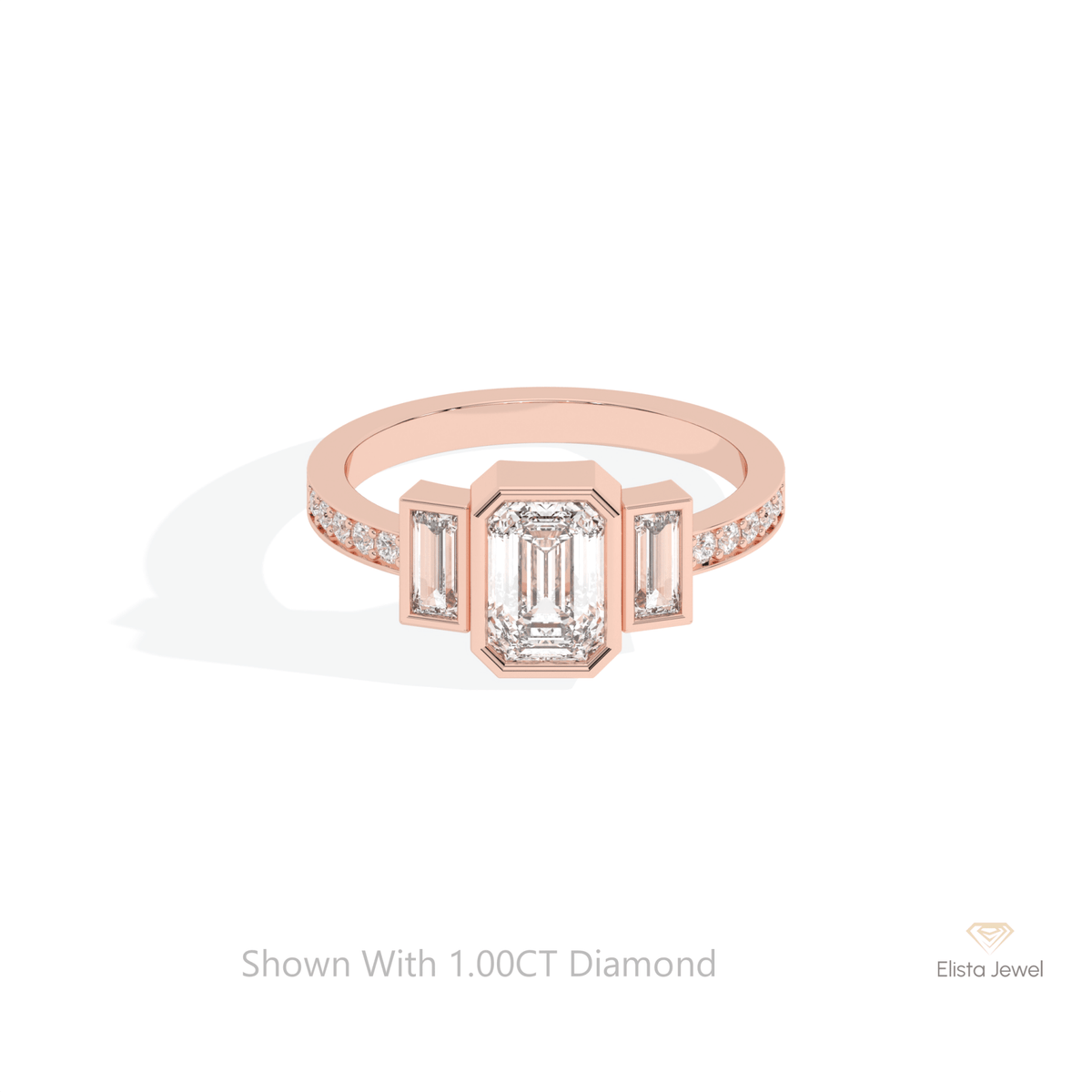 Emerald Cut Three Stone Engagement Lab Grown Diamond Ring in 18K Rose Gold - Ring on Hand View