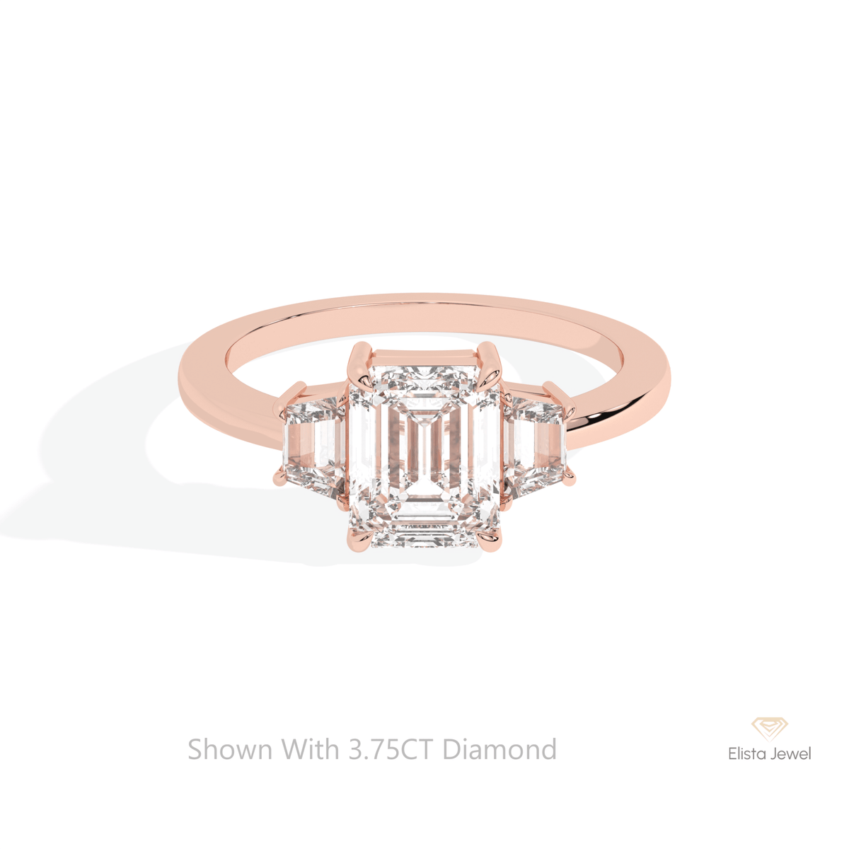 Emerald Cut Three Stone Lab Grown Diamond Ring in 18K Rose Gold - Ring on Hand View