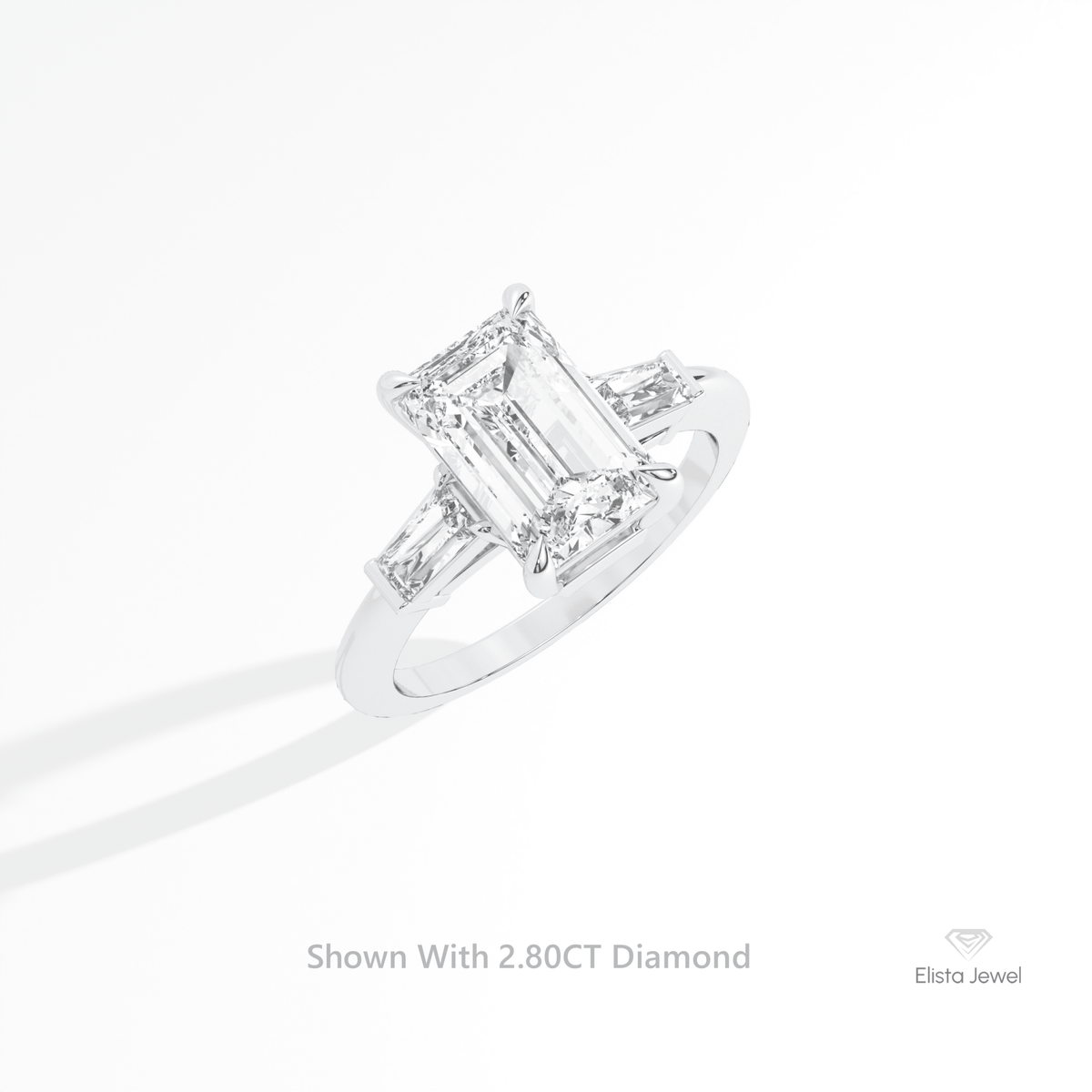 Emerald Cut Three Stone Wedding Lab Grown Diamond Ring in 18K White Gold - Detail View