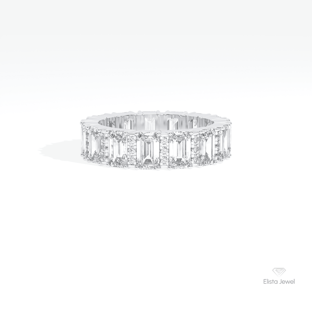 Emerald & Round Cut Full Eternity Wedding Lab Grown Diamond Band in 10K White Gold - Front View