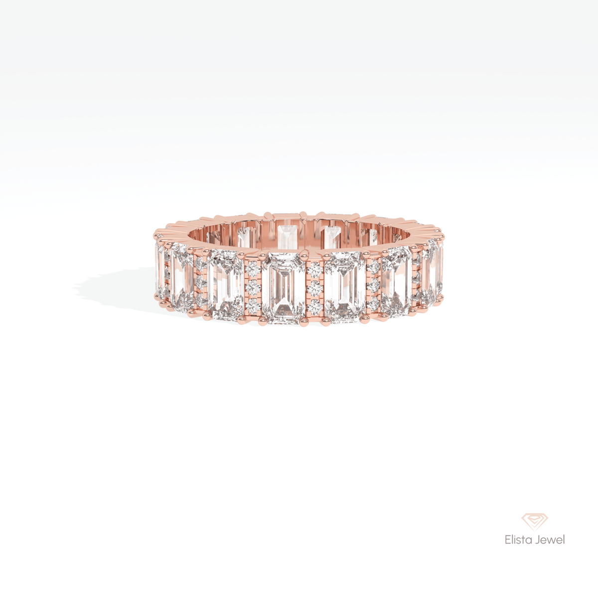 Emerald & Round Cut Full Eternity Wedding Lab Grown Diamond Band in 18K Rose Gold - Ring on Hand View