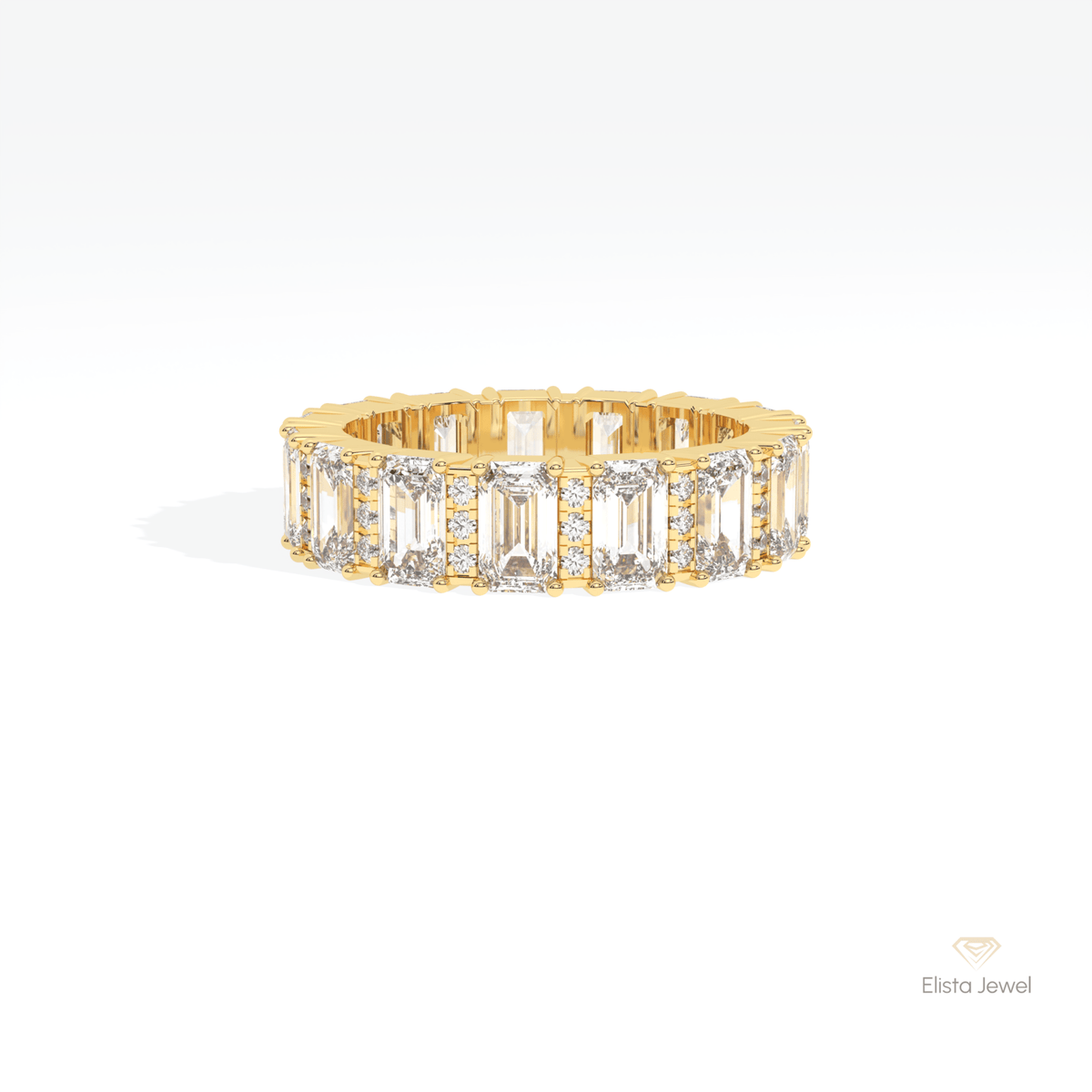 Emerald & Round Cut Full Eternity Wedding Lab Grown Diamond Band in 14K Yellow Gold - Detail View