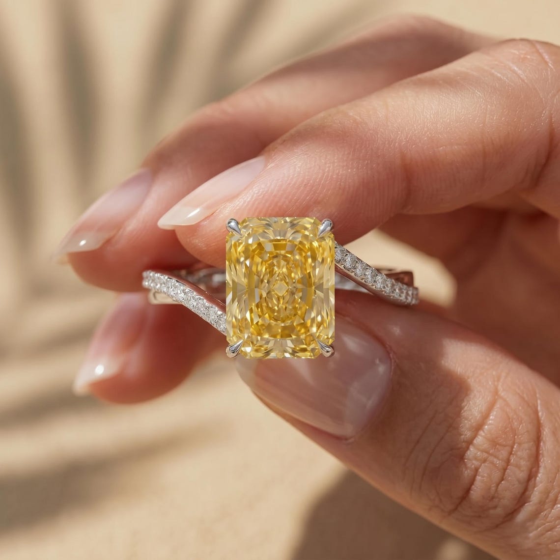 Fancy Yellow Radiant Lab Grown Diamond Bypass Engagement Ring, Modern Statement Cocktail Ring
