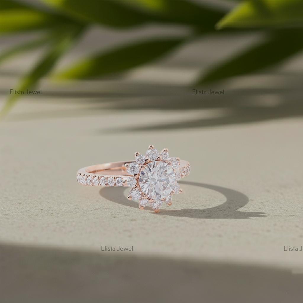 Round Lab-Grown Diamond Floral Cluster Engagement Ring, 14K Rose Gold Halo