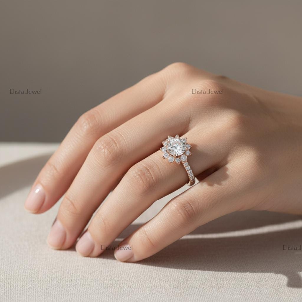 Round Lab-Grown Diamond Floral Cluster Engagement Ring, 14K Rose Gold Halo