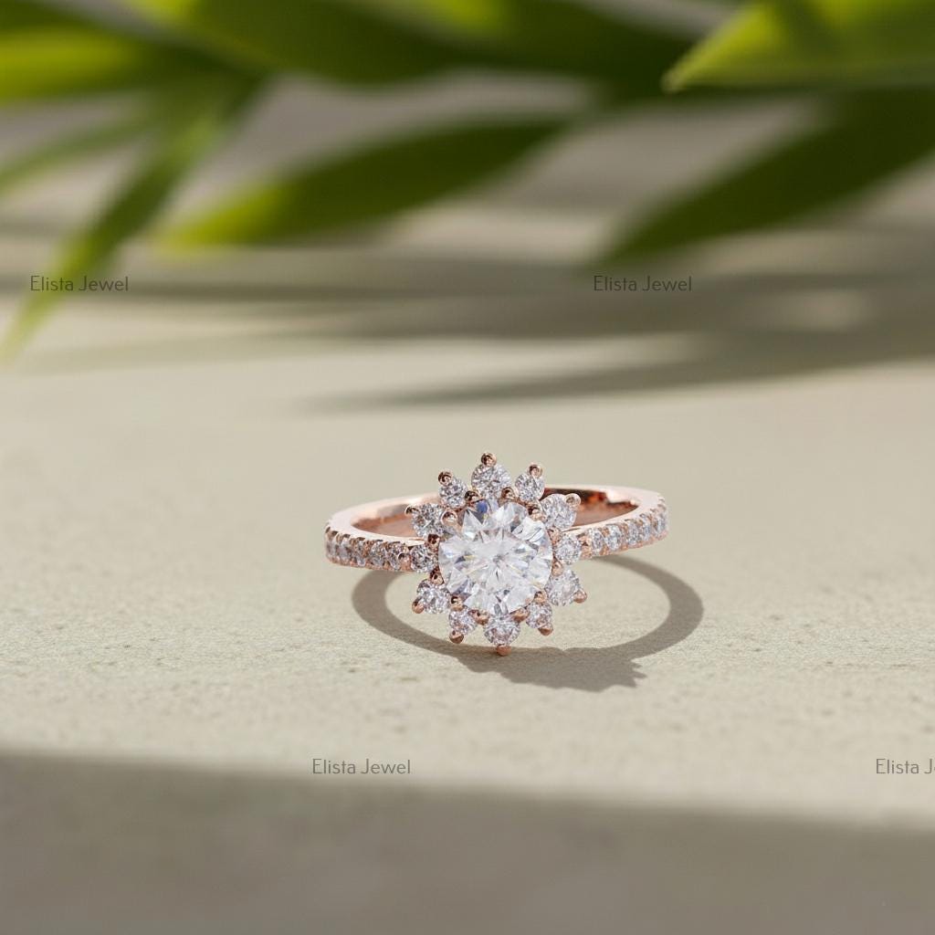 Round Lab-Grown Diamond Floral Cluster Engagement Ring, 14K Rose Gold Halo