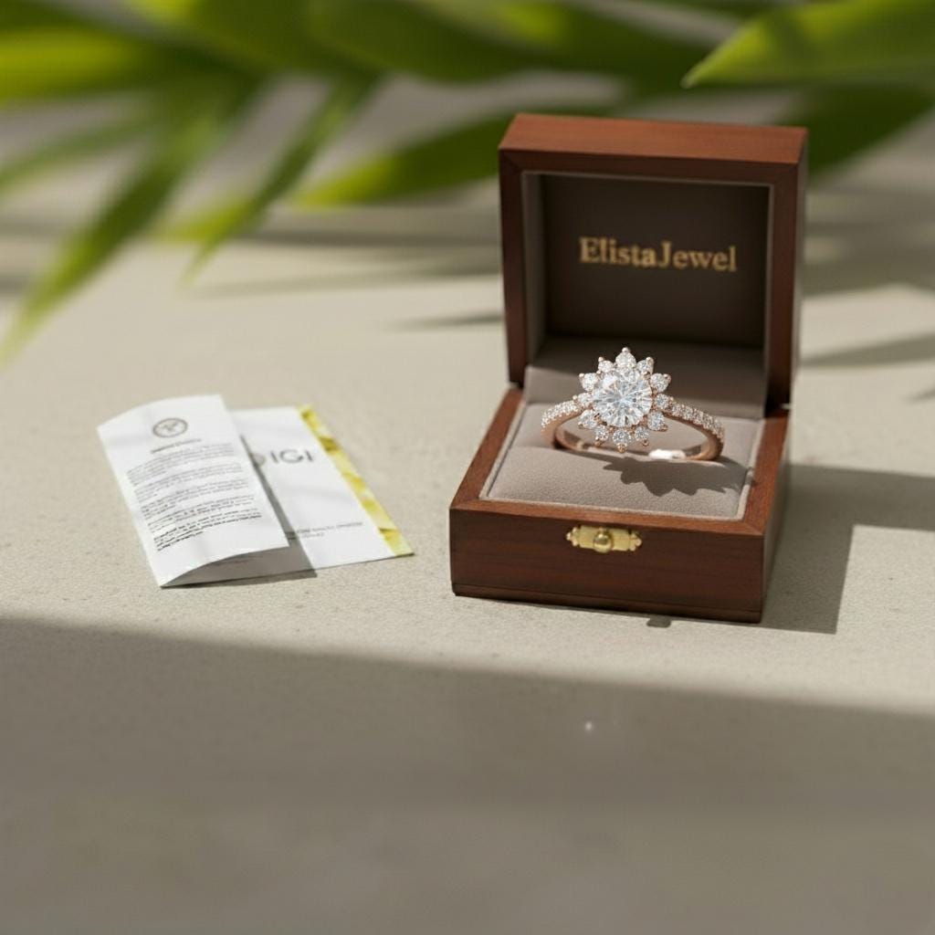 Round Lab-Grown Diamond Floral Cluster Engagement Ring, 14K Rose Gold Halo
