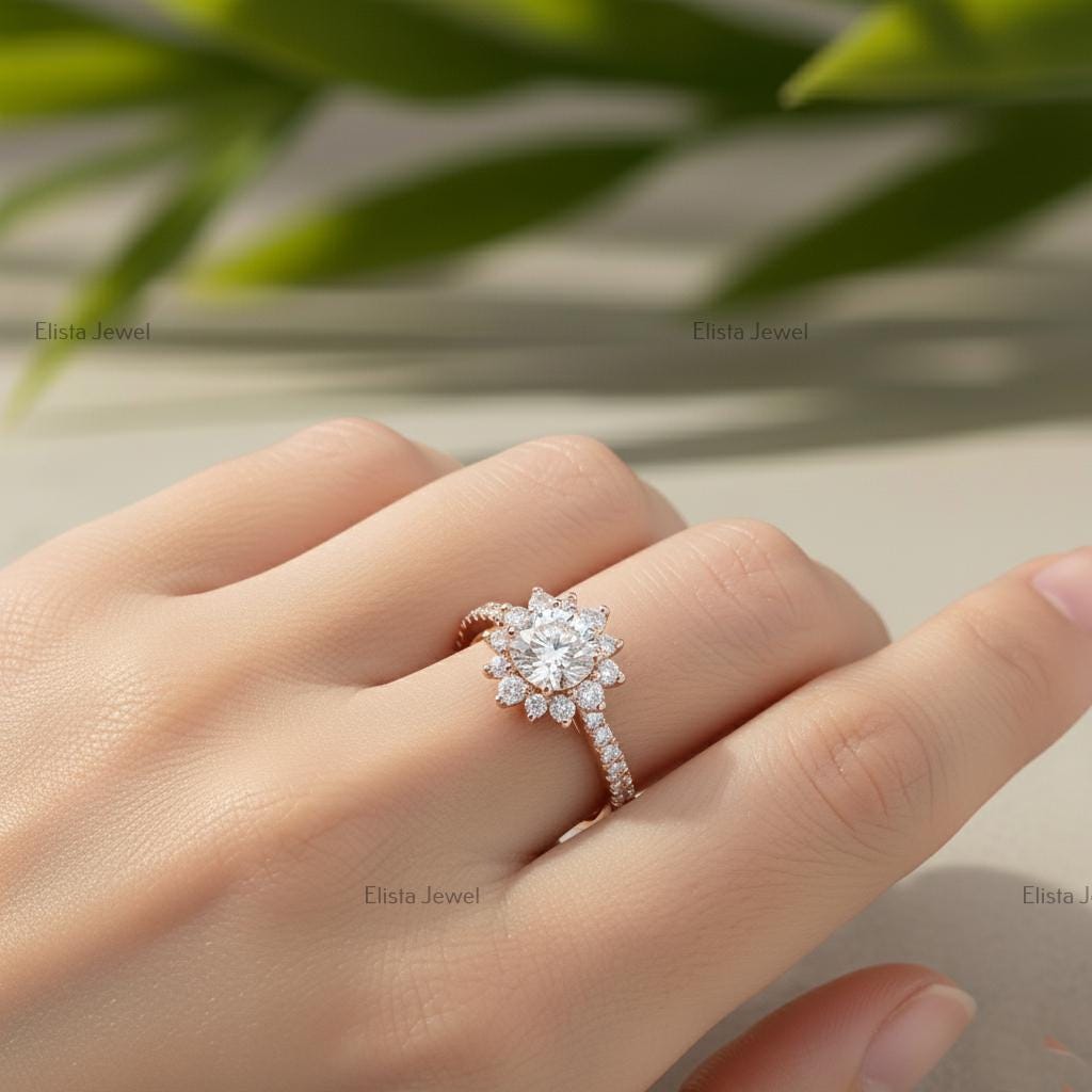 Round Lab-Grown Diamond Floral Cluster Engagement Ring, 14K Rose Gold Halo