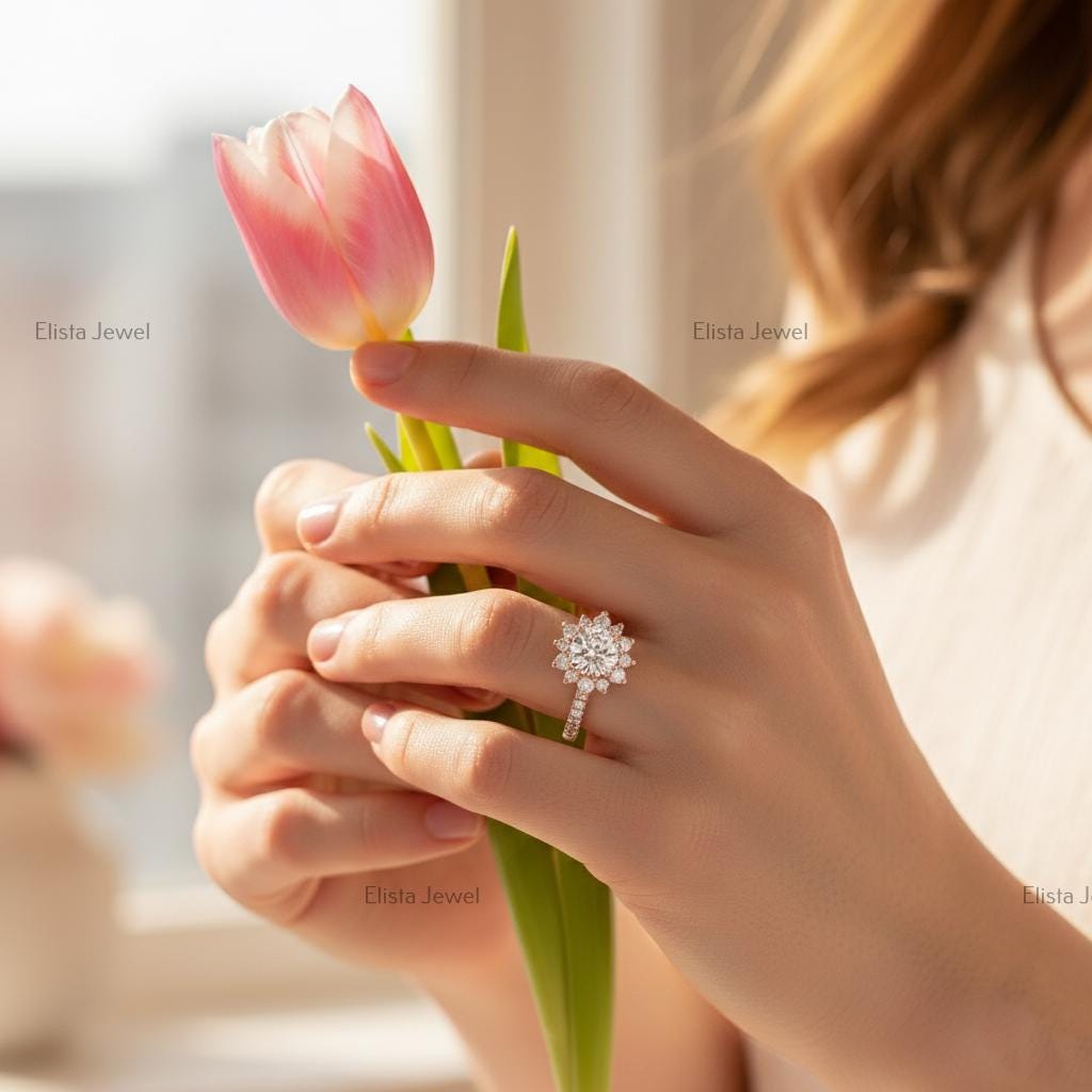 Round Lab-Grown Diamond Floral Cluster Engagement Ring, 14K Rose Gold Halo