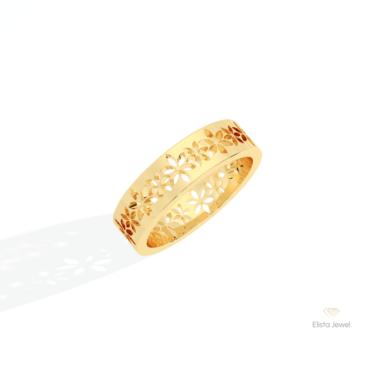 Floral Style Wedding Lab Grown Diamond Band in 10K Yellow Gold - Side View