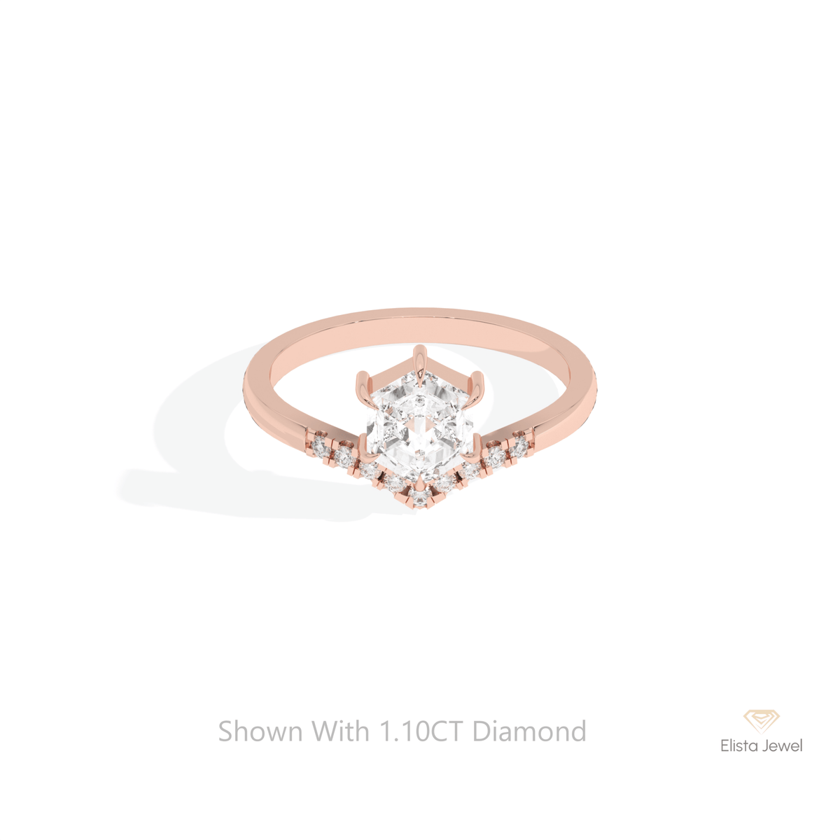 Hexagon Cut Accent Engagement Lab Grown Diamond Ring in 18K Rose Gold - Ring on Hand View