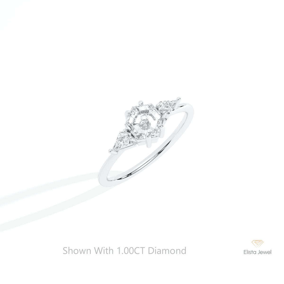 Hexagon Cut Three Stone Lab Grown Diamond Ring in 14K Rose Gold - Profile View