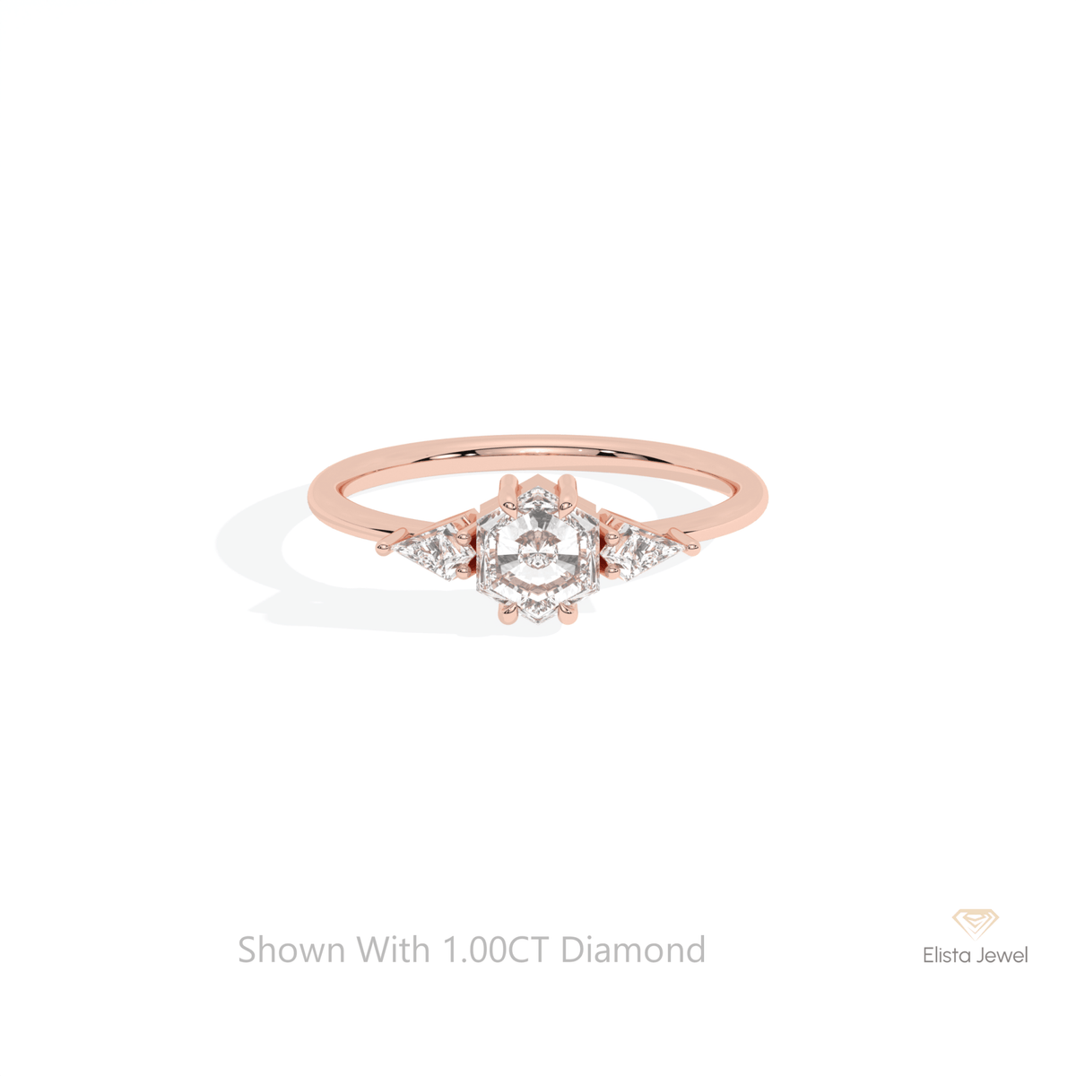 Hexagon Cut Three Stone Lab Grown Diamond Ring in 18K Rose Gold - Ring on Hand View