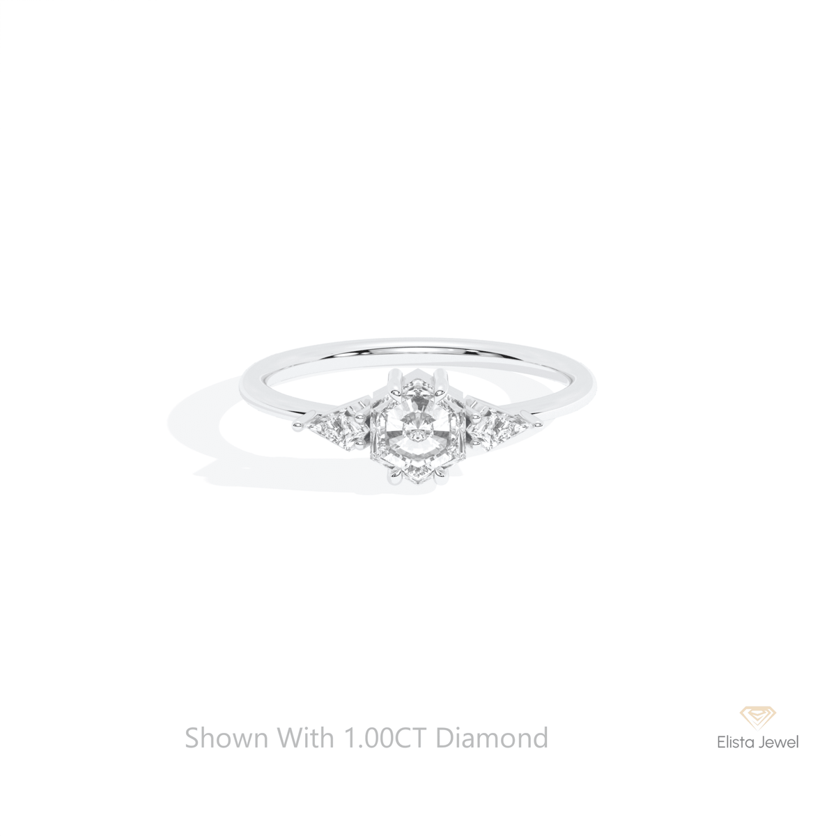 Hexagon Cut Three Stone Lab Grown Diamond Ring in 14K Yellow Gold - Detail View