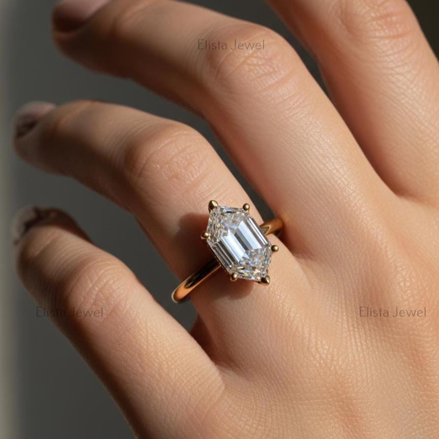 Hexagon Diamond Ring Elongated Lab-Grown, 14K Yellow Gold Minimalist Engagement