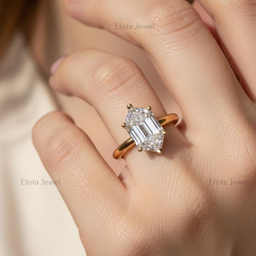 Hexagon Diamond Ring Elongated Lab-Grown, 14K Yellow Gold Minimalist Engagement