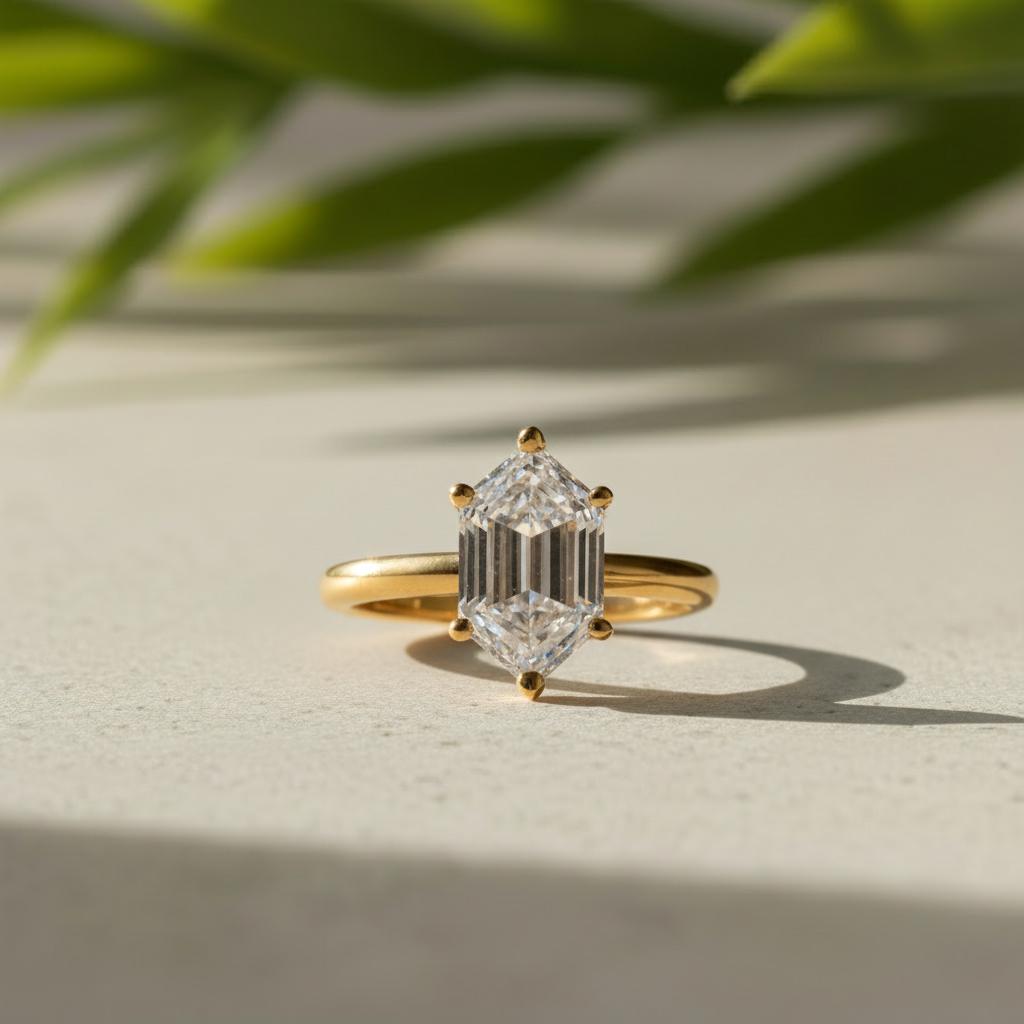 Hexagon Diamond Ring Elongated Lab-Grown, 14K Yellow Gold Minimalist Engagement