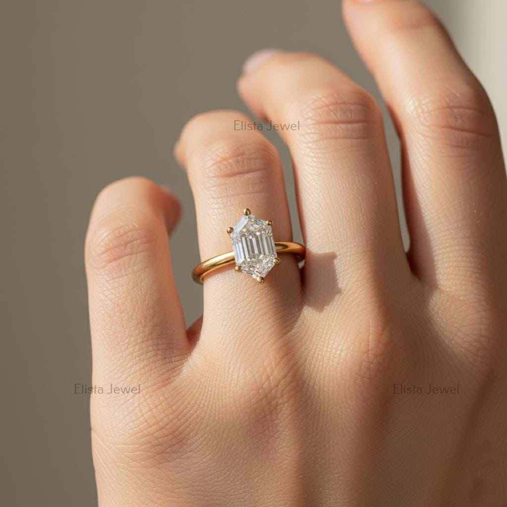 Hexagon Diamond Ring Elongated Lab-Grown, 14K Yellow Gold Minimalist Engagement