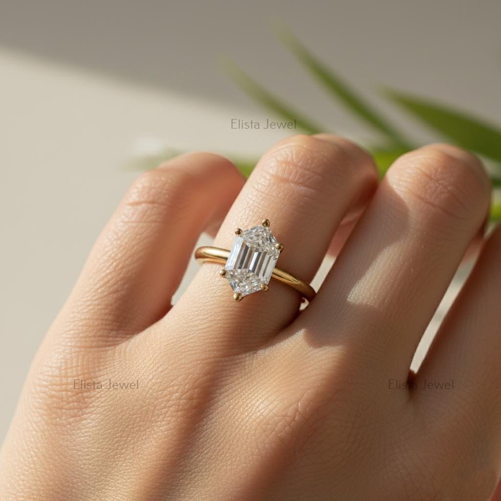 Hexagon Diamond Ring Elongated Lab-Grown, 14K Yellow Gold Minimalist Engagement