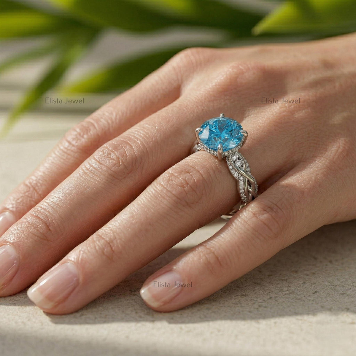 IGI Certified Fancy Blue Round Diamond Engagement Ring, Twisted Pave Band, 14K White Gold