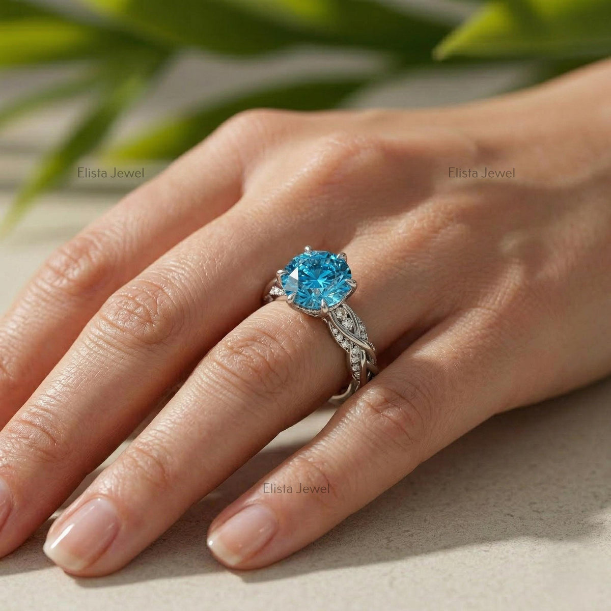 IGI Certified Fancy Blue Round Diamond Engagement Ring, Twisted Pave Band, 14K White Gold